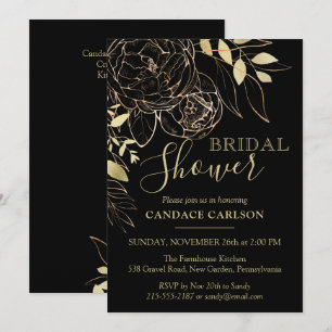 Black & Gold Peony Modern Floral Bridal Shower Invitation