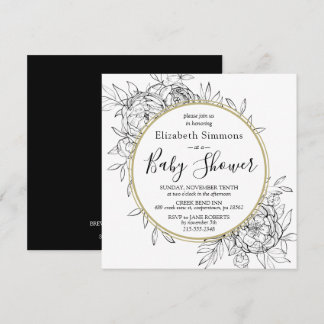 Black & Gold Peony Modern Floral Toile Baby Shower Invitation