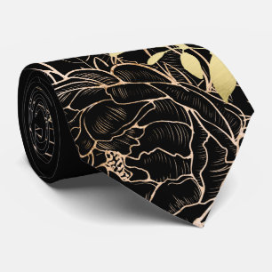 Black & Gold Peony Modern Line Floral Wedding Tie