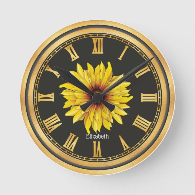Black Gold Personalized Beautiful Sunflower    Round Clock (Front)