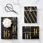 Black Gold Personalized Custom Age Wrapping Paper Sheet<br><div class="desc">Black and gold birthday gift wrapping paper with editable age number and personalized name plus a diagonal stripe accent sheet for an elegant and bold birthday present display.</div>