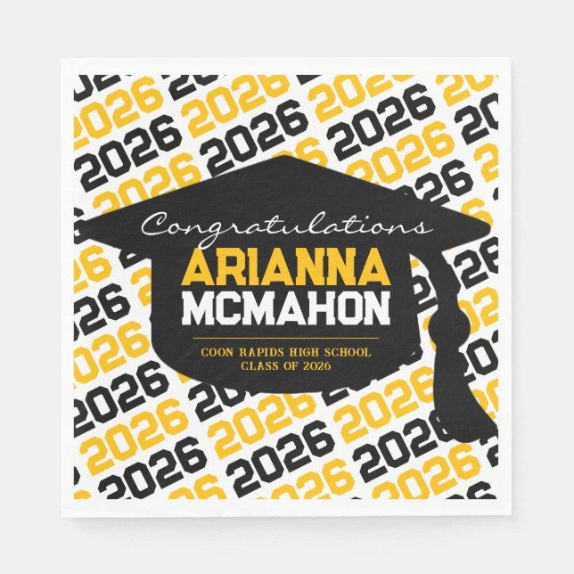 Black & Gold Personalized Graduation Cap Paper Napkin (Front)