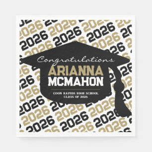 Black & Gold Personalized Graduation Cap Paper Napkin