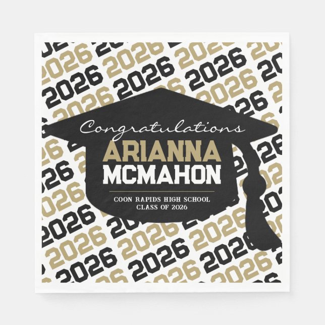 Black & Gold Personalized Graduation Cap Paper Napkin (Front)