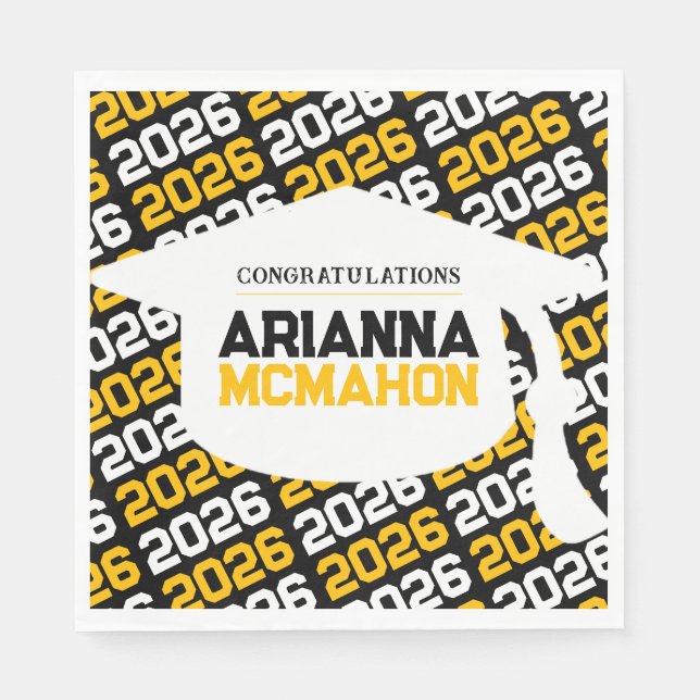 Black & Gold Personalized Graduation Cap Paper Napkin (Front)