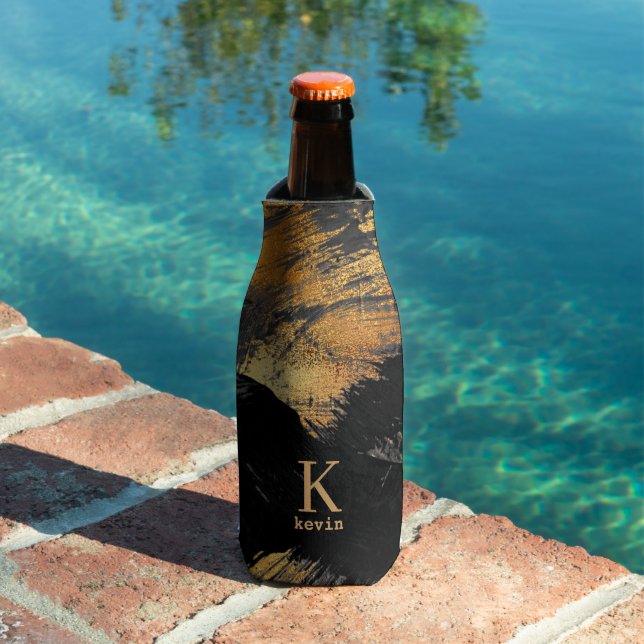 Black gold personalized monogram name bottle cooler (In Situ Pool)