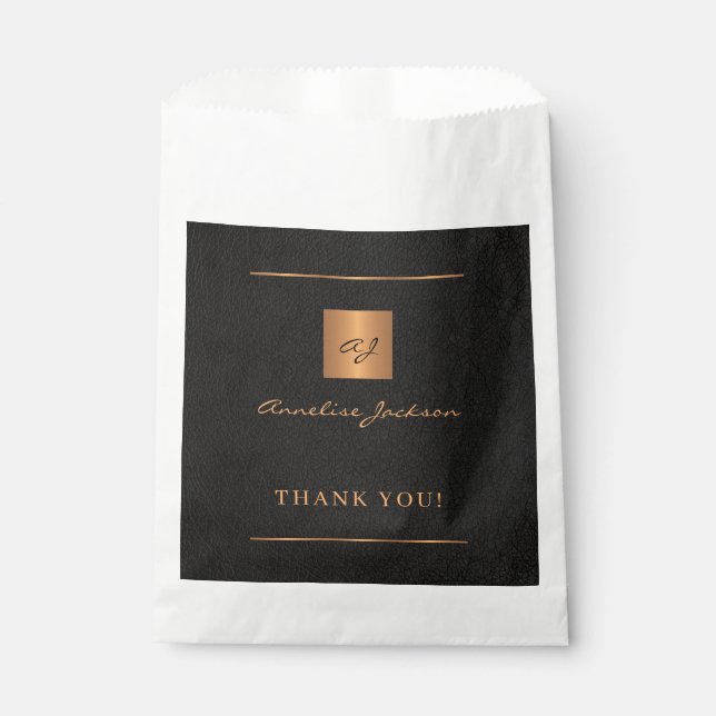Black gold personalized monogram name script favour bag (Front)