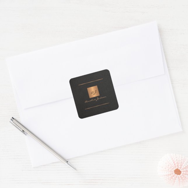 Black gold personalized monogram name script  square sticker (Envelope)