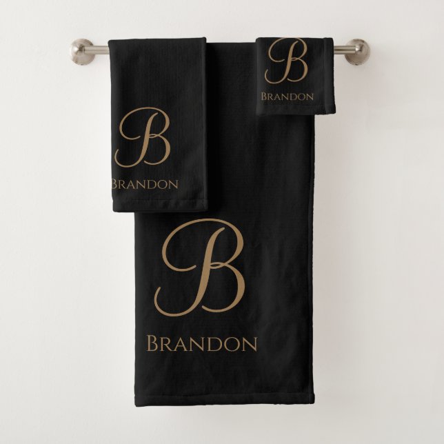 Black Gold Personalized Name and Monogram Bath Towel Set (Insitu)