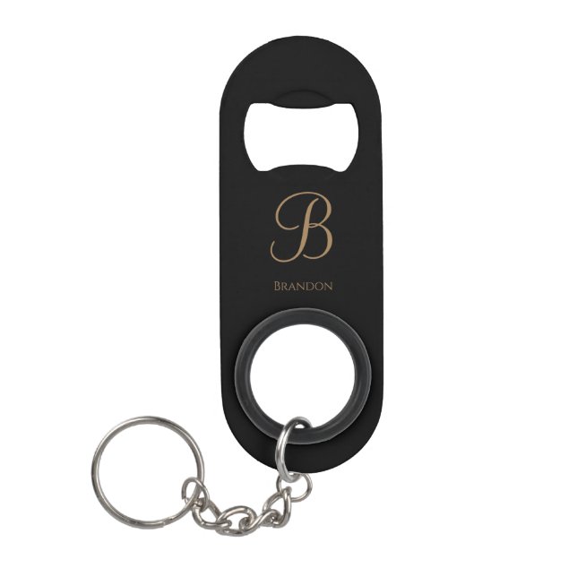 Black Gold Personalized Name and Monogram Keychain Bottle Opener (Front)