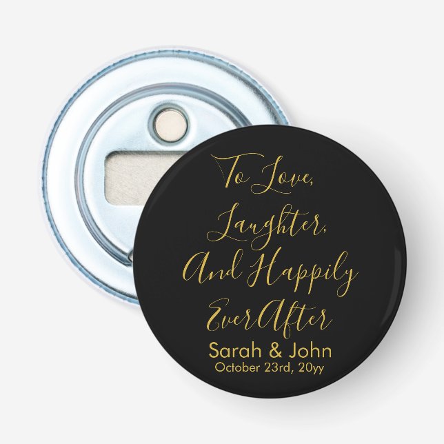 Black Gold Personalized Script Wedding Reception Bottle Opener (Front)