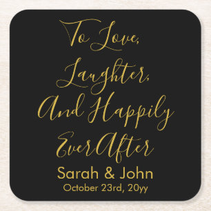 Black Gold Personalized Script Wedding Reception  Square Paper Coaster