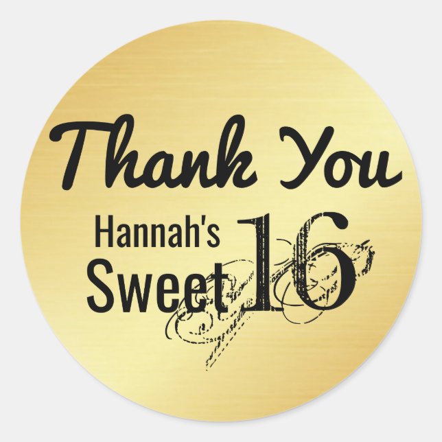 Black & Gold Personalized Sweet 16 Thank You Classic Round Sticker (Front)
