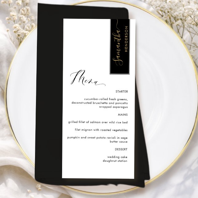 Black, Gold Personalized with Guest Name Elegant Menu (Creator Uploaded)