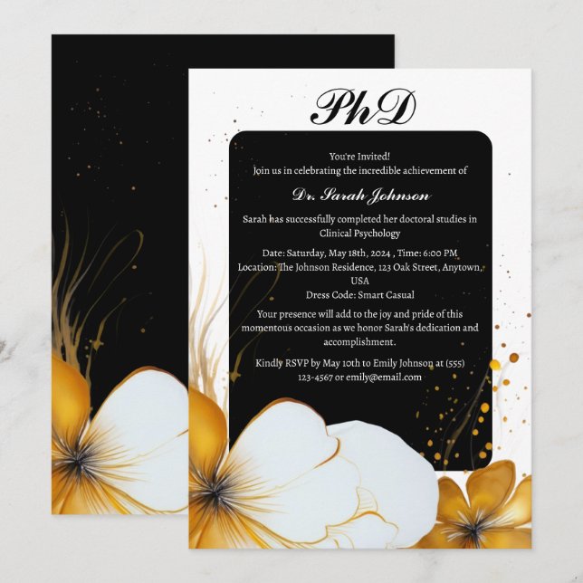 Black & Gold PhD or Doctorate Graduation Invitation (Front/Back)