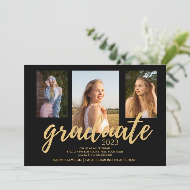 Black Gold Photo 2023 Graduation Party  Invitation (Standing Front)
