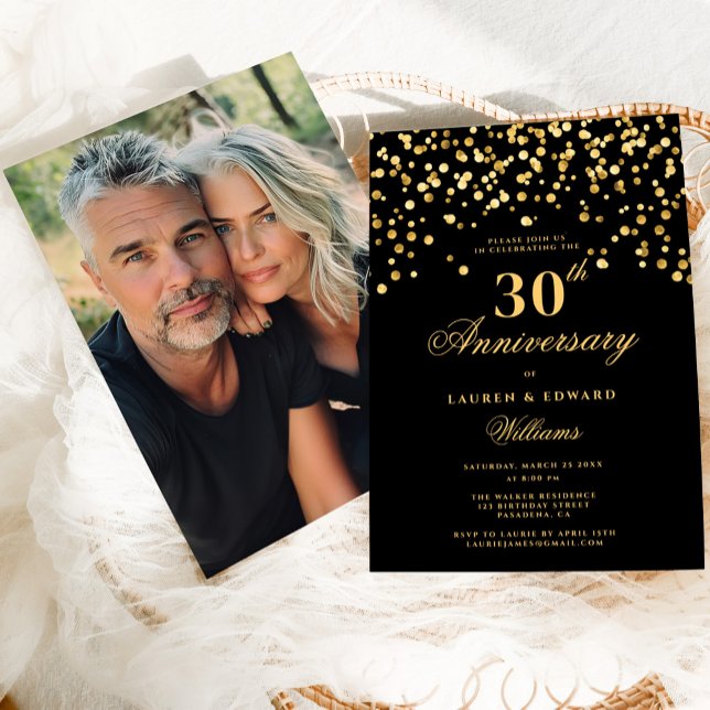 Black & Gold Photo 30th Wedding Anniversary Invitation (Creator Uploaded)