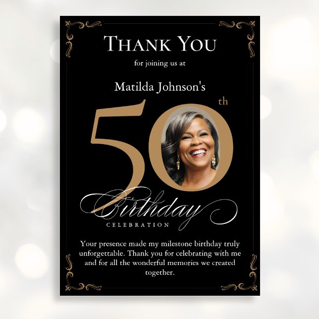 Black Gold Photo 50th Birthday Carte de remercieme (Mockup View)