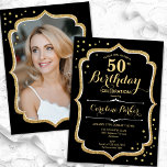 Black Gold Photo 50th Birthday Invitation<br><div class="desc">Elegant 50th birthday invitation with your photo at the back of the card. Glam black design with faux glitter gold. Features script font and confetti. Perfect for a stylish adult bday celebration party. Personalise with your own details. Can be customised for any age! Printed Zazzle invitations or instant download digital...</div>
