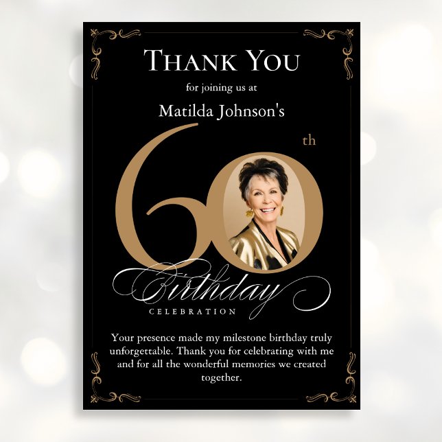 Black Gold Photo 60th Birthday Thank You Card (Mockup View)