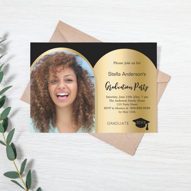 Black gold photo arch graduation 2025 invitation (Creator Uploaded)
