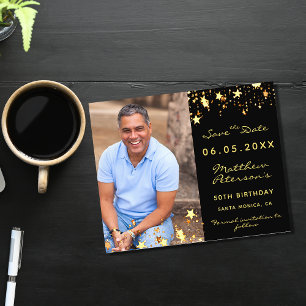 Black gold photo birthday Save the Date card