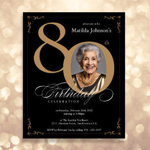 Black Gold Photo Budget 80th Birthday Invitation