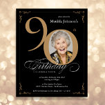 Black Gold Photo Budget 90th Birthday Invitation<br><div class="desc">Black Gold Photo Budget 90th Birthday Invitation. And elegantly designed special birthday celebration invitation,  featuring a custom photo of birthday person and script calligraphy with vintage flourish elements. Simple enough to fit a variety of themes and colours!
Need help? Simply contact me!</div>