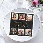 Black gold photo collage birthday napkin<br><div class="desc">For a woman's 21st (or any age) birthday, celebrating her life with a collage of 6 of your high quality photos of her, her friends, family, interest or pets. Personalize and add her name, age 21. Golden text. A chic, classic black background colour. Her name is written with a modern...</div>