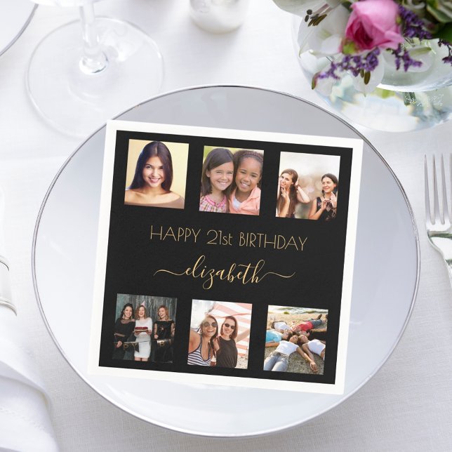 Black gold photo collage birthday napkin (Creator Uploaded)