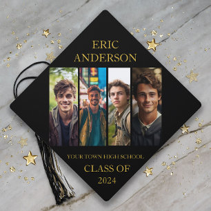 Black Gold Photo Collage Graduation Class of 2024 Cap Topper