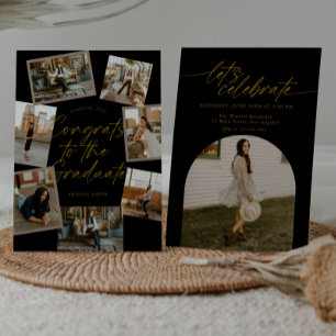 Black & Gold Photo Collage Graduation Invitation