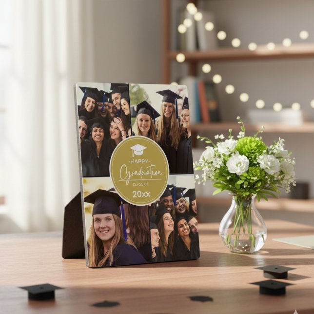 Black Gold Photo Collage Happy Graduation Plaque (Graduation Photo Collage Elegant Class of 2026 Design Plaque)