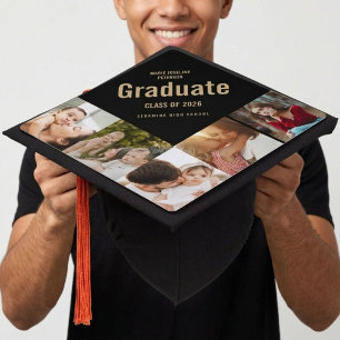 Black & Gold photo collage memory graduation Cap Topper