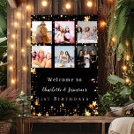 Black gold photo collage stars 2 persons birthday  poster<br><div class="desc">A photo welcome sign for 2 persons,  friends,  sisters,  twins.  A black background,  decorated with faux gold stars. Personalize and add 6 photos,  names and age.</div>