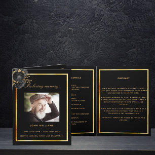 Black gold photo elegant floral funeral program