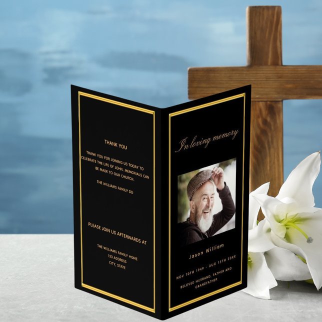 Black gold photo elegant funeral program (Creator Uploaded)