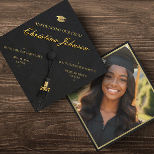 Black & Gold Photo Grad Cap Graduation Announcement