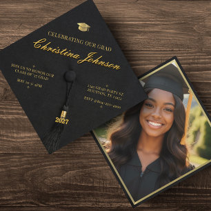 Black & Gold Photo Grad Cap Graduation Party