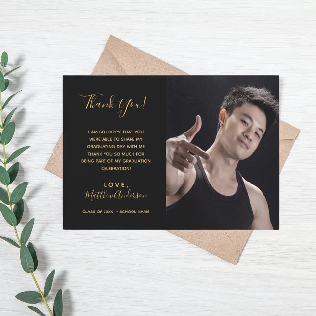 Black gold photo graduation thank you card (Creator Uploaded)