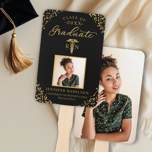 Black Gold Photo Medical Nursing School Graduation Hand Fan (Creator Uploaded)