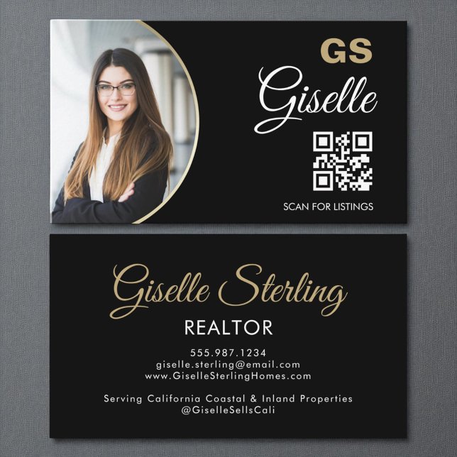 Black Gold Photo Monogram Realtor QR Code  Business Card (Creator Uploaded)