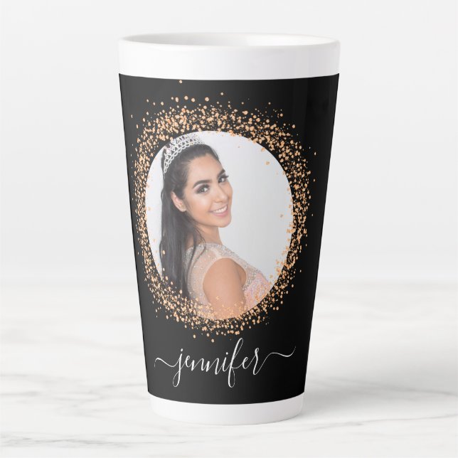 Black gold photo name script latte mug (Front)