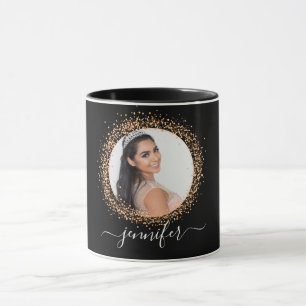 Black gold photo name script mug
