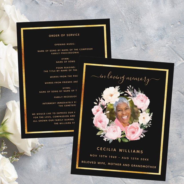 Black gold photo pink floral funeral program (Creator Uploaded)