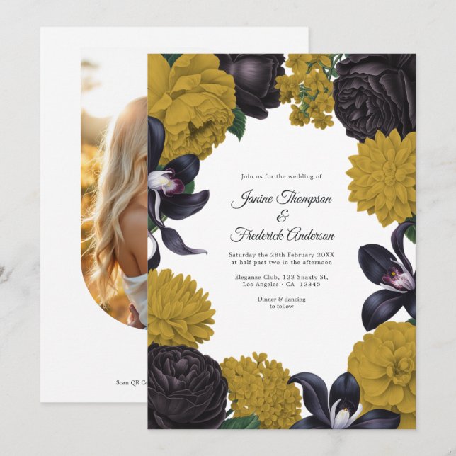 Black & Gold Photo/QR Code Floral Wedding Invitation (Front/Back)