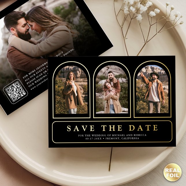 Black Gold Photo QR Code Wedding Save the Date (Creator Uploaded)