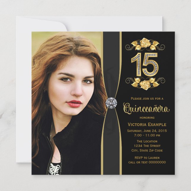Black Gold Photo Quinceanera Invitation (Front)