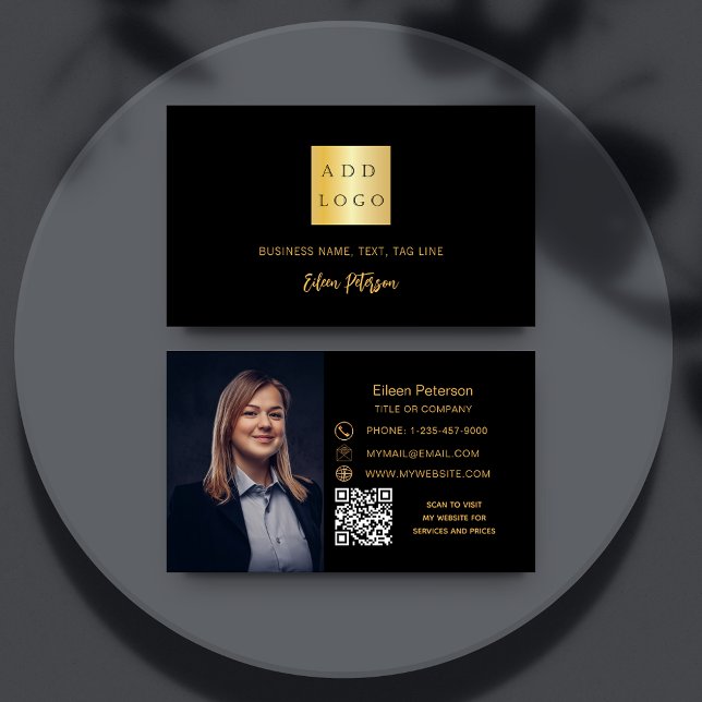 Black gold photo signature script QR code logo Business Card (Creator Uploaded)