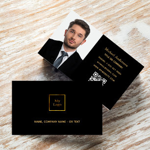 Black gold photo simple elegant QR code Business Card
